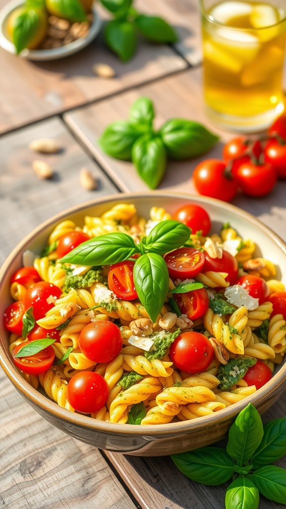 A colorful bowl of Pesto Pasta Salad with cherry tomatoes and basil, garnished with pine nuts and Parmesan, on a rustic wooden table.